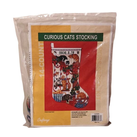 Donna Kooler Curious Cats Cross Stitch Stocking Kit Vintage Needlepoint NEW - Picture 1 of 4